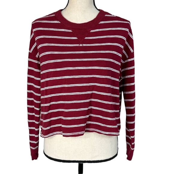 Hollister X-Small Cropped Tee-Shirt Top Striped Crew Neck Long Sleeve Oversized - Picture 1 of 9